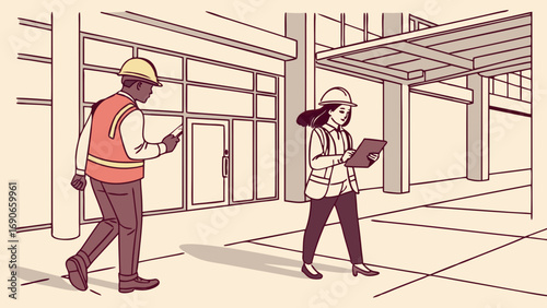 Two Construction Workers Walking and Using Technology Outdoors.