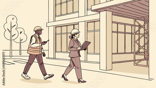 Two construction workers walking near a building one using a smartphone and the other holding a clipboard.