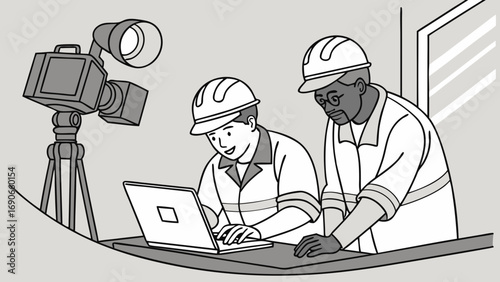Two Workers Reviewing Footage on Laptop with Camera Equipment.