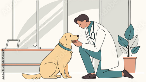 Veterinary Care Happy Dog and Vet Examining Illustration.