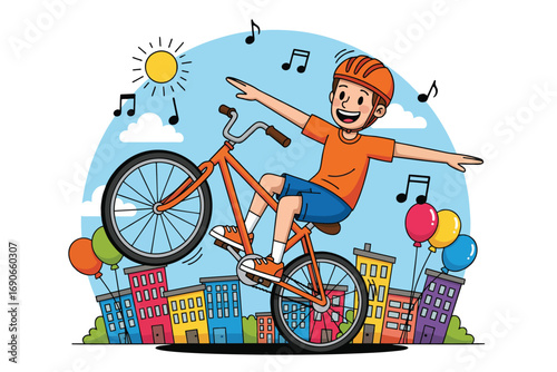 Boy doing a wheelie on his bike with balloons and buildings in the background