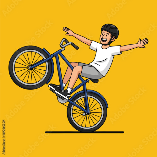 Cartoon boy doing a wheelie on his bicycle with arms outstretched on yellow background