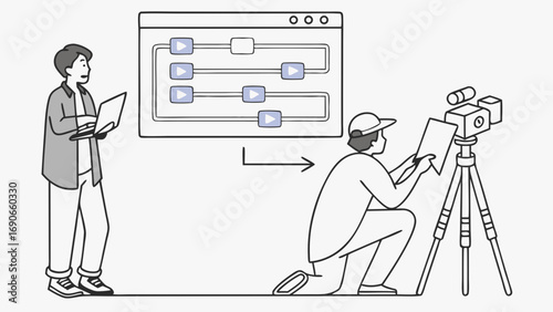 Video Production Workflow Filmmaking Team Collaboration Video Editing Process Content Creation Digital Media Illustration.