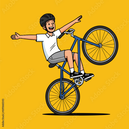 Cartoon boy doing a wheelie on his bicycle with a helmet on a yellow background