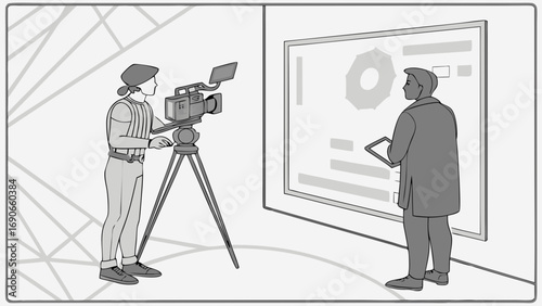 Video Production Film Crew Cameraman Director Studio Presentation Meeting Professional Business Workplace Modern Minimalist Illustration Graphic Design Technology Equipment Camera Tripod Screen Monit.