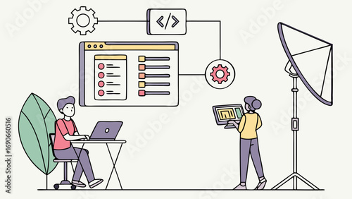 Web Development Team Collaboration Programming Coding and Satellite Connection Illustration.