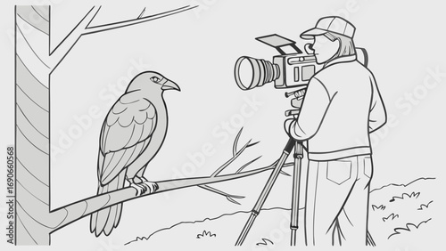 Wildlife Filmmaking Cameraman Filming a Bird on a Branch in Black and White Illustration.