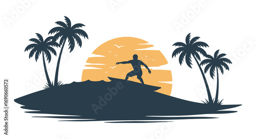 a surfer rides waves under sunset near palm trees