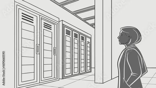 Woman standing in a modern hallway with tall cabinets or lockers.