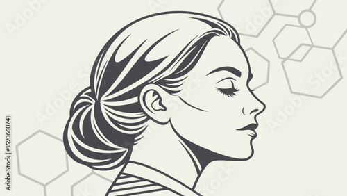 Womans profile elegant hairstyle monochrome illustration geometric background beauty fashion hair style graphic design vector art stylish modern portrait side view minimalist simple clean design arti.