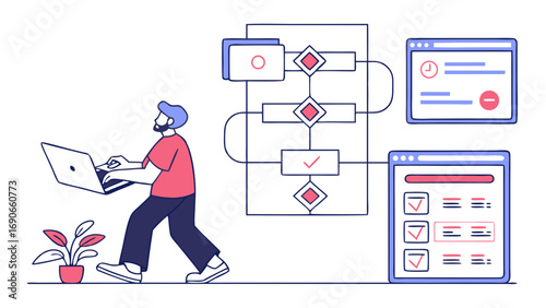 Workflow process person working on laptop project management business process task management checklist flowchart online tasks digital workflow computer interface planning organization progress produ.