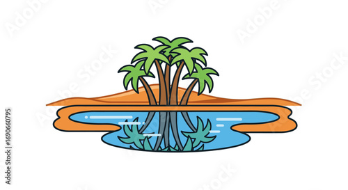 Cartoon Palm Trees Oasis with Water Reflection Desert Landscape.
