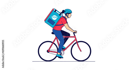 Delivery Woman on Bicycle with Insulated Backpack Red Bike Frame.