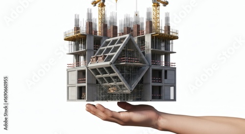 Surreal concept of architecture and real estate development with a hand holding a concrete building under construction