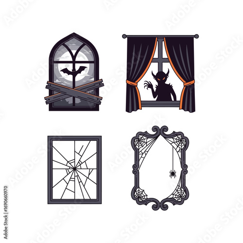 Spooky halloween window scenes creepy gothic ornate broken mirror spiderweb vignettes vector