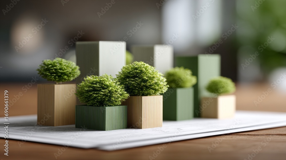Fototapeta premium Miniature green buildings with lush topiary create an artistic urban landscape on a wooden table