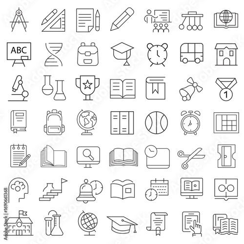 Education Line Icons Editable Stroke. Book, Audiobook, E-Reader, Studying, Tutorial, Personal Organizer, Diary, learning and research in education, school or college.