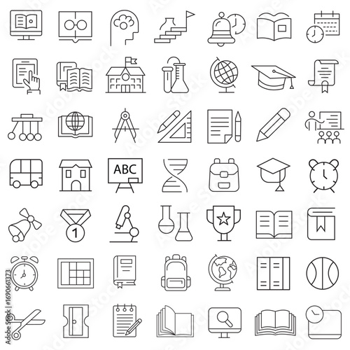Education Line Icons Editable Stroke. Book, Audiobook, E-Reader, Studying, Tutorial, Personal Organizer, Diary, learning and research in education, school or college.