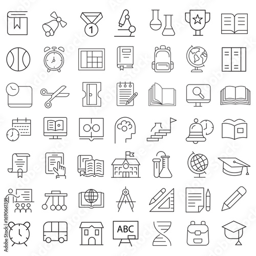 Education Line Icons Editable Stroke. Book, Audiobook, E-Reader, Studying, Tutorial, Personal Organizer, Diary, learning and research in education, school or college.