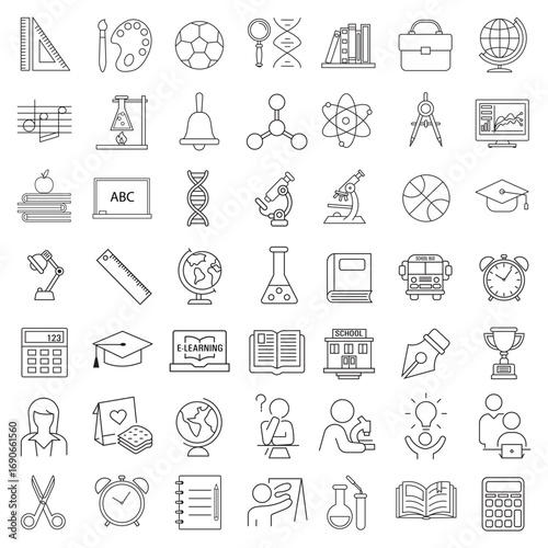 Education Line Icons Editable Stroke. Book, Audiobook, E-Reader, Studying, Tutorial, Personal Organizer, Diary, learning and research in education, school or college.