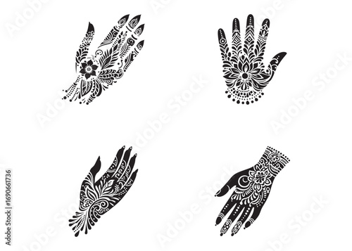 hand mehndi logo silhouette vector, mehendi silhouette vector illustration, mehndi henna tattoos silhouette vector, wedding mehndi design logo silhouette vector on white background