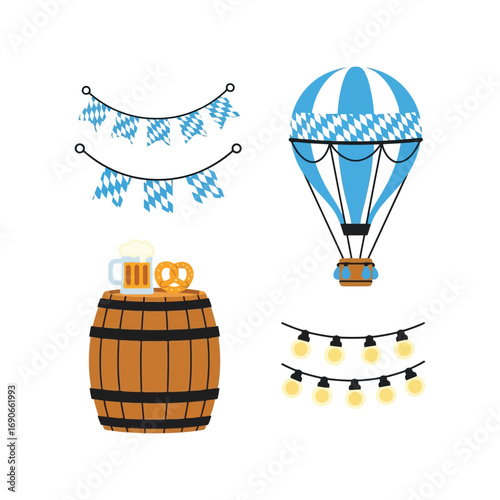 Oktoberfest celebration elements hot air balloon barrel garland lights festive design vector