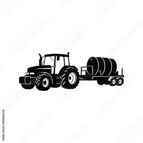 Modern tractor towing agricultural irrigation reel equipment for farming operations vector