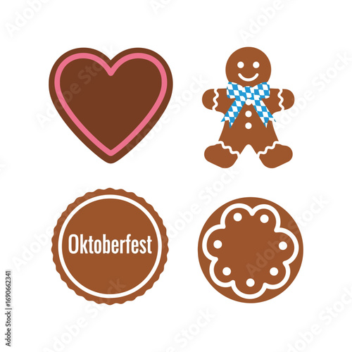 Gingerbread cookies collection including oktoberfest heart and flower shapes for festive baking vector