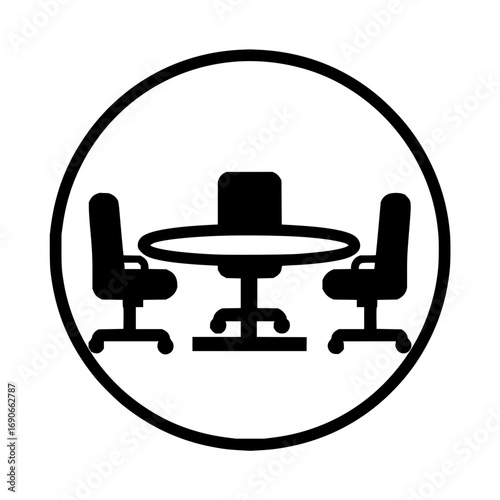Vector art of round conference table with three chairs, symbolizing teamwork, modern meetings, corporate presentations, and collaboration