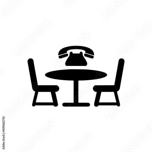 Vector art of vintage black and white table with chairs and telephone, symbolizing traditional communication and early office culture