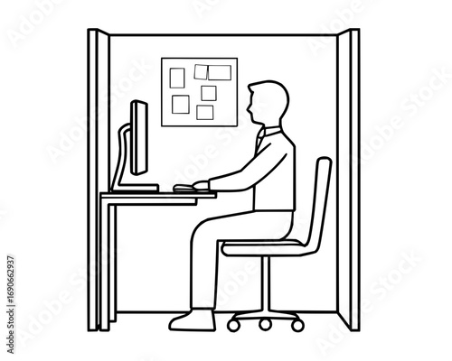 Employee at Desk with Computer in Workplace Environment Minimalist Office Cubicle Vector Illustration