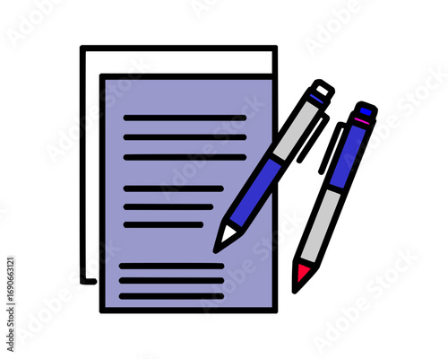 Vector art of open notepad with pen and pencil on paper, symbolizing writing, planning, and creative idea development flat design icon