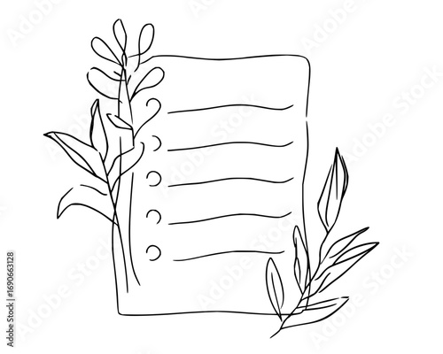 Vector art of hand-drawn checklist with decorative leaves, symbolizing organization, task management, and eco-friendly productivity