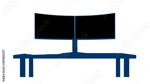 Vector art of dual curved monitors on a modern desk, symbolizing technology, workplace efficiency, and digital productivity modern workstation 