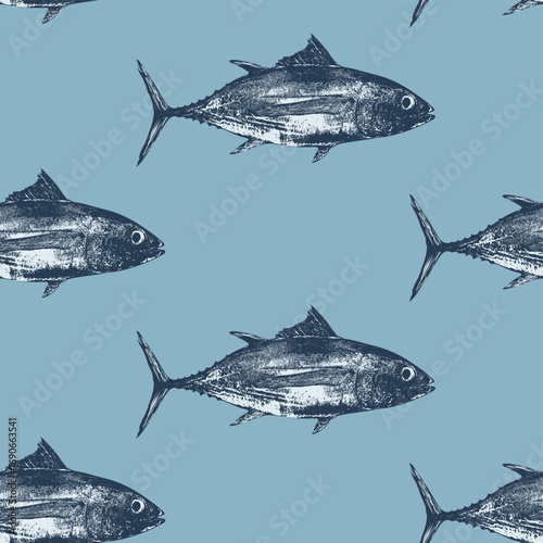 Canvas Print Vector seamless pattern with tuna fish on marine animals theme and ocean life