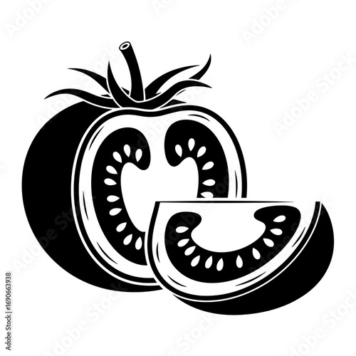 Stylized black and white tomato slice and half