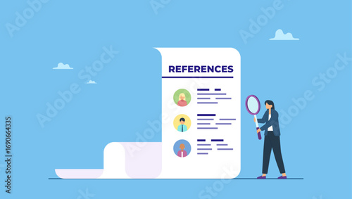 Businesswoman with reference people and work experience document. Professional references resume, people who recommend, working experience or recommendation for candidate, skill guarantee.