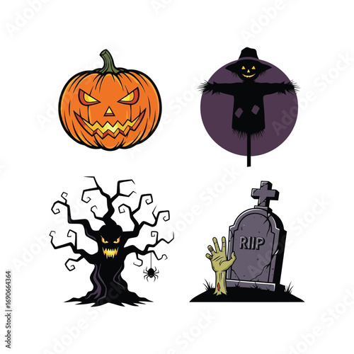 Spooky halloween icons collection scary pumpkin haunted tree tombstone scarecrow for holiday design vector
