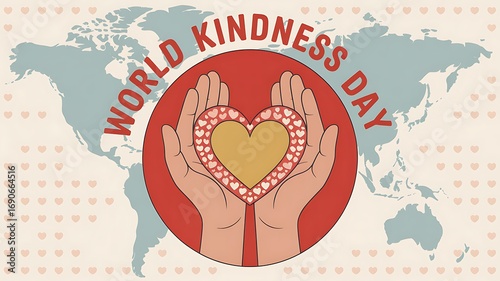 World kindness day hands holding heart on world map background