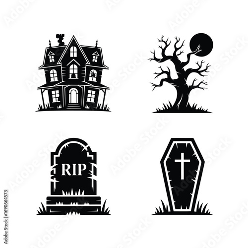 Spooky halloween icons haunted house tree coffin gravestone silhouette set vector
