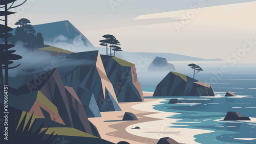 Illustration of Dramatic Mendocino Coastline with Steep Cliffs Vector Design Template