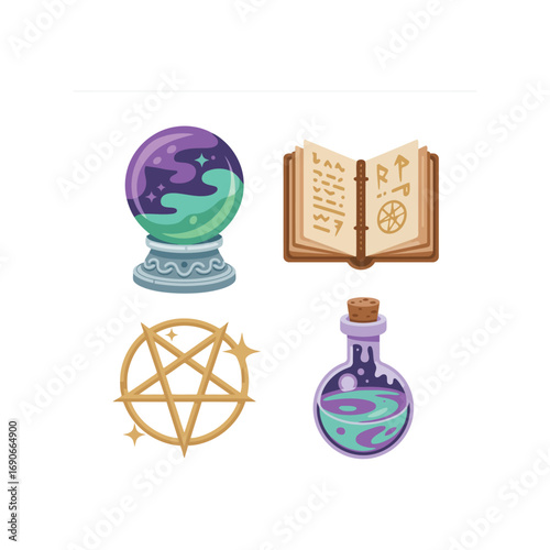 Mystical magic symbols fortune telling crystal ball open spell book potion vector