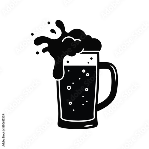 Black silhouette of beer mug overflowing with frothy lager bubbles splashing outward vector