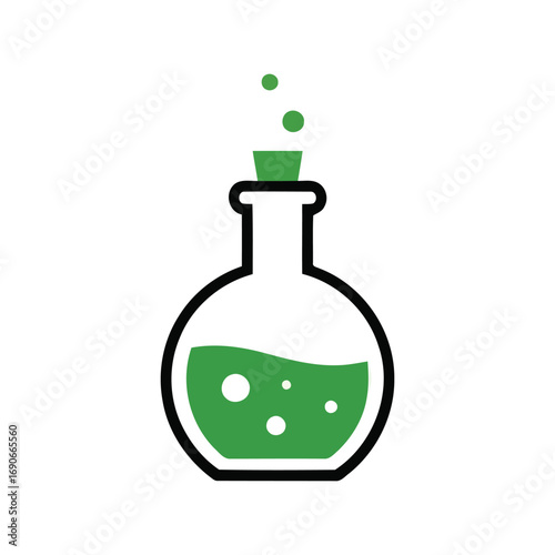 Green liquid bubbling in laboratory flask with stopper scientific experiment concept vector