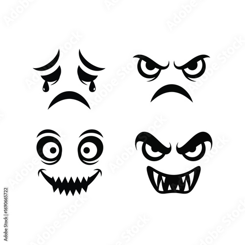 Set of four expressive hand drawn cartoon faces sad angry crazy scary emotions vector