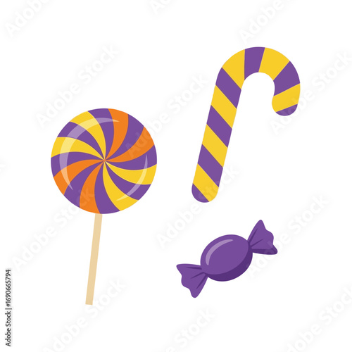 Halloween candy assortment swirl lollipop candy cane wrapped treat vector art vector