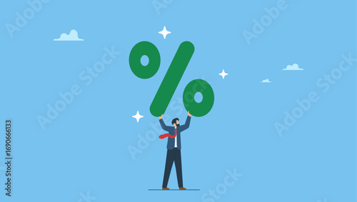 Businessman carry heavy percentage sign. Percentage or interest rate, debt burden, fees to pay off, saving or compound interest earning, financial profit, discount price reduction, promotion.