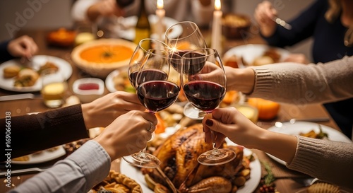 Family and friends toasting with wine glasses around a festive holiday dinner table