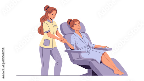 Caring nurse assisting a patient seated in a comfortable reclining medical examination chair in a bright clean room
