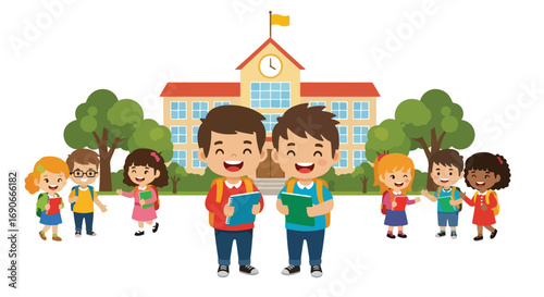 Adobe illustrator artwork vector illustration: Diverse group of happy elementary students, including two boys holding books, stand cheerfully in front of a traditional school building